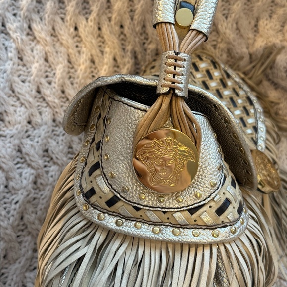Vintage VERSACE Hobo Beige‎ Leather Suede Fringe Tassel Fringe Hand Bag Tassle - Picture 7 of 15